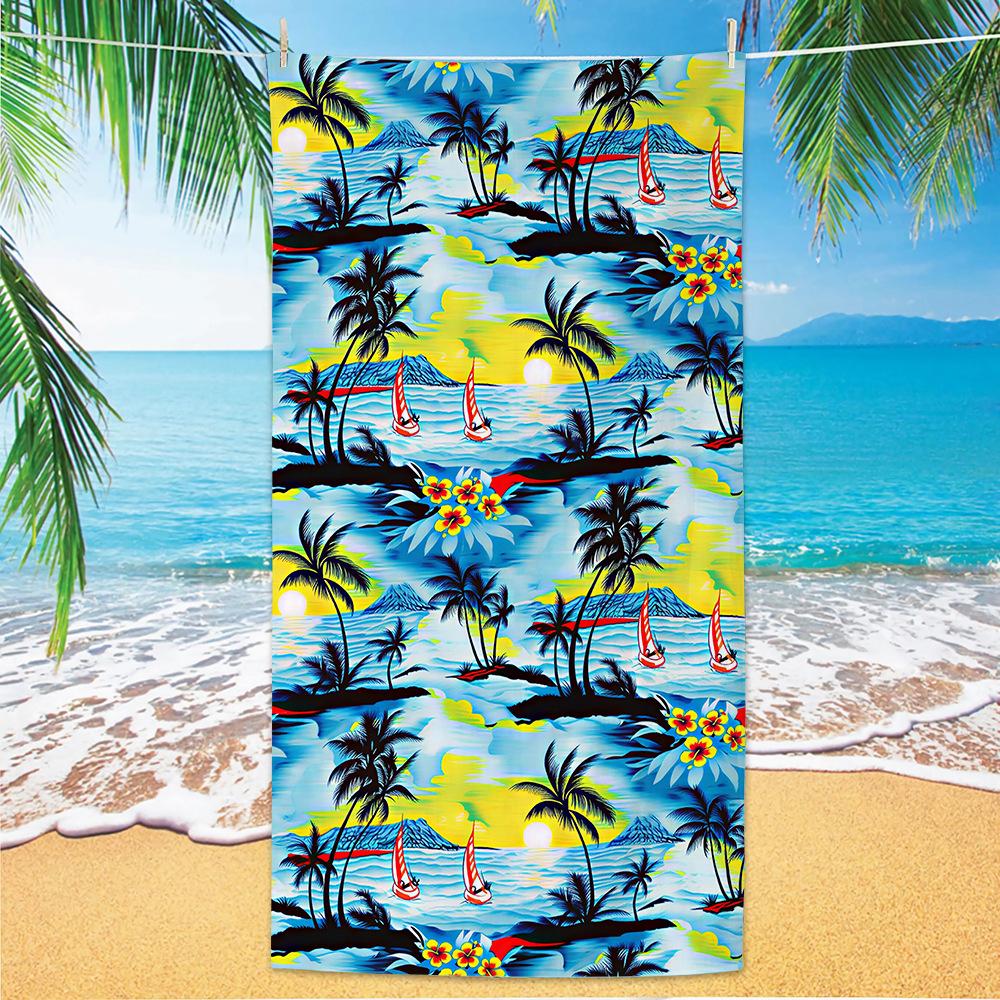 Cyan Blue Wave Plumeria Coconut Palm Print Beach Towel Soft Absorbent For Girls Beach Vacation Pool Daily Use
