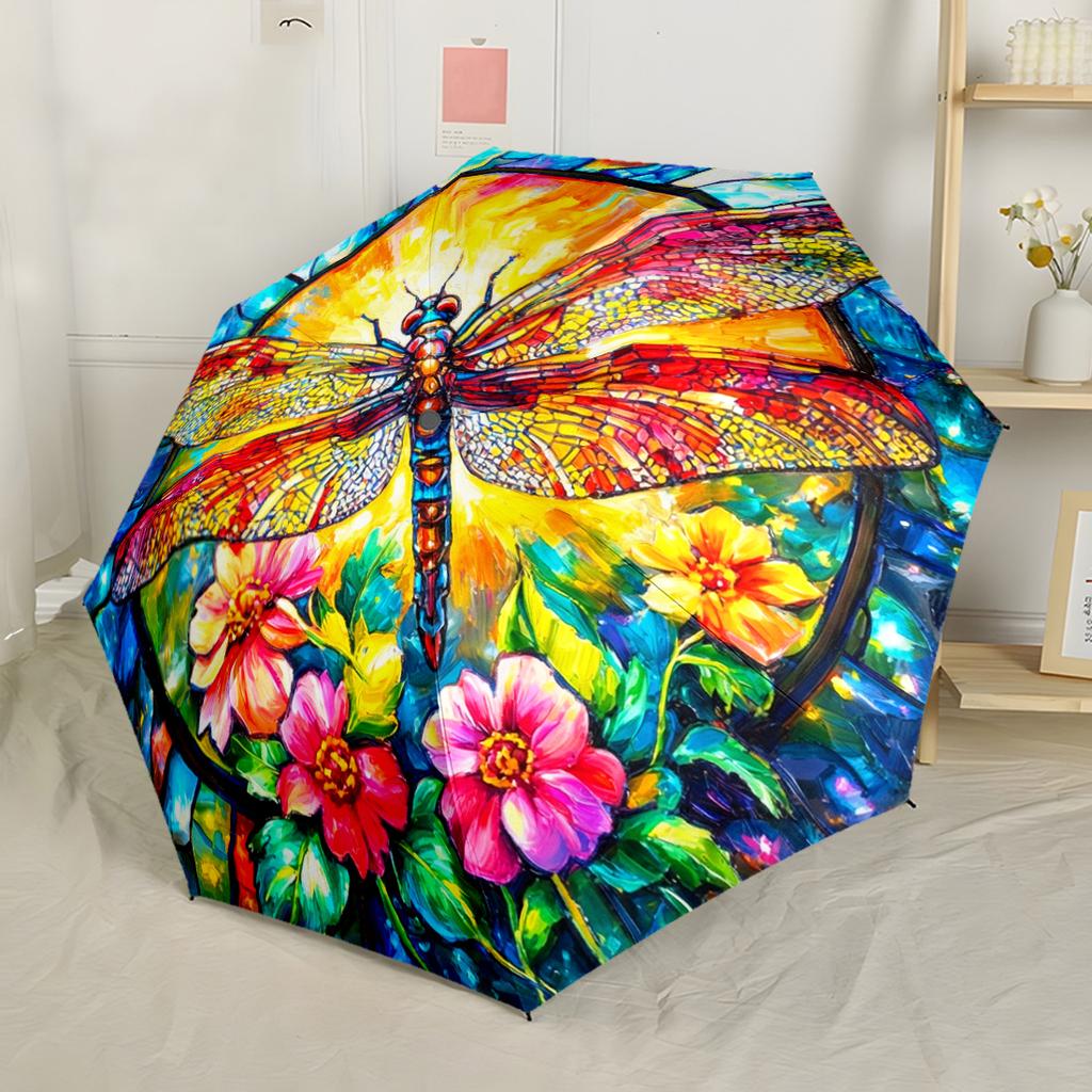 Goldene Libelle Fantasy Kompakt-Reise-Automatikschirm mit 8 Speichen Stabiler Aufbau Reise-Essential Modisches Accessoire Spirituelles Geschenk