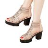 Soft leather high-heeled sandals, new summer outer wear, soft-soled middle heel hollow thick-soled non-slip fish mouth shoes