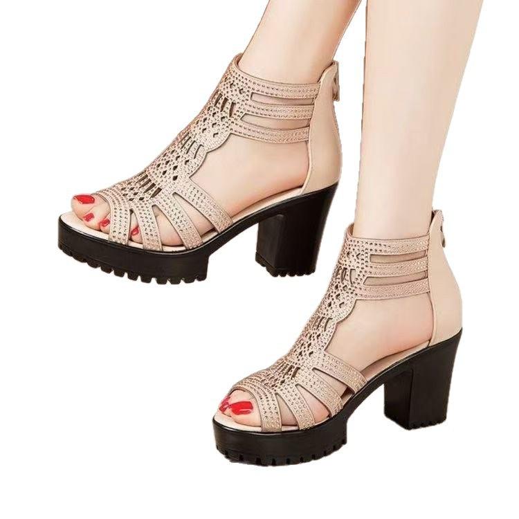 Soft leather high-heeled sandals, new summer outer wear, soft-soled middle heel hollow thick-soled non-slip fish mouth shoes