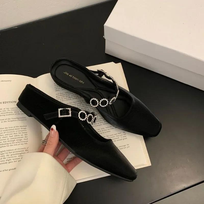Fashion Luxury Crystal Women Slippers Pointed Toe Shallow Elegant Flats Shoes 2025 Spring Trend Designer Dress Party Sandalias De Mujer