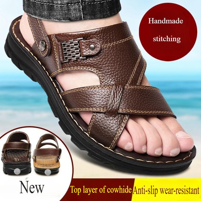 Summer Men Leather Sandals Genuine Leather Non-slip Men Shoes Slippers Outdoor Thick-soled Beach Shoes Comfor Soft Men Sandalias