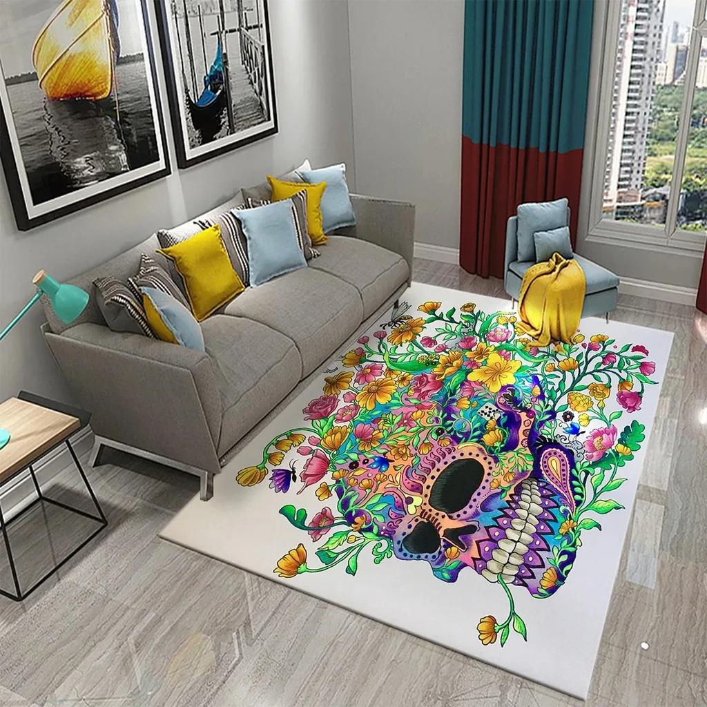 Flower Skull Carpet Skeleton Skull Bone Design Living Room Bedroom And Kitchen Bathroom Non-Slip Decor