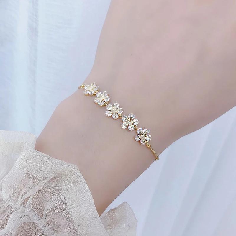Korea Hot Fashion Zircon 14K Real Gold Plating Copper Inlaid AAA Zircon Bracelet Flower Stretch Adjustable Women Bracelet