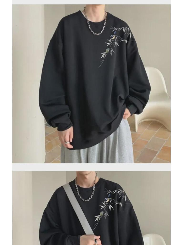 Trendiger weinroter Herrenpullover im chinesischen Stil, runder Kragen, lockere Passform, perfekt für Frühling und Herbst.