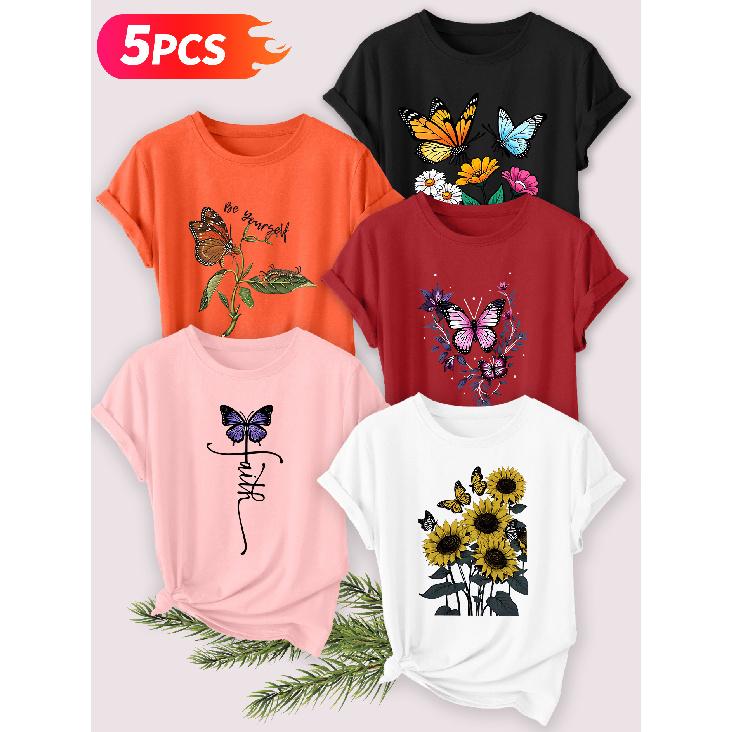 Five-piece set Elegant short-sleeved shirt for women Butterfly Sunflower Series Printed Round Neck Women s Short Sleeve Suitable for Spring and S
