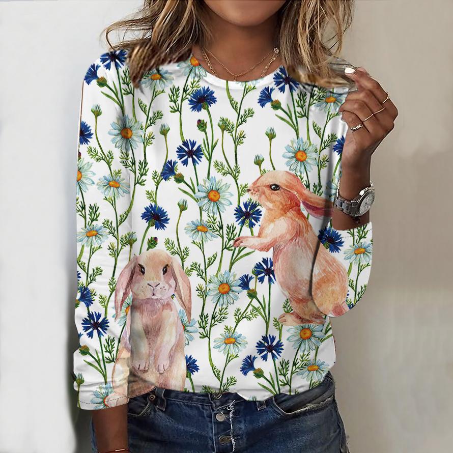 Tops For Spring&Autumn Hummingbird&Elephant&Peacock Print Round Neck Long Sleeve T-shirt Fall Casual Slim Pullover Women's Long Sleeve Top