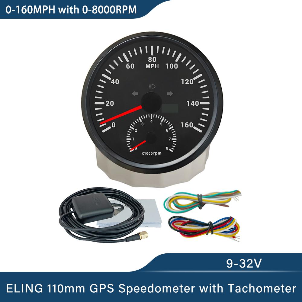 ELING Car 110mm GPS Speedometer 0-120K 0-200K 0-120M 0-160M with 8000RPM Tachometer with Red Backlight for Yacht Trucks 12V 24V