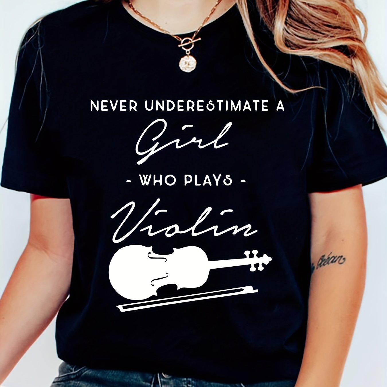 

Violin Print T-Shirt - Classic Round Neck Ultra-Soft Short Sleeves Sports-Inspired Tee for Women Perfect for Casual Occasions S