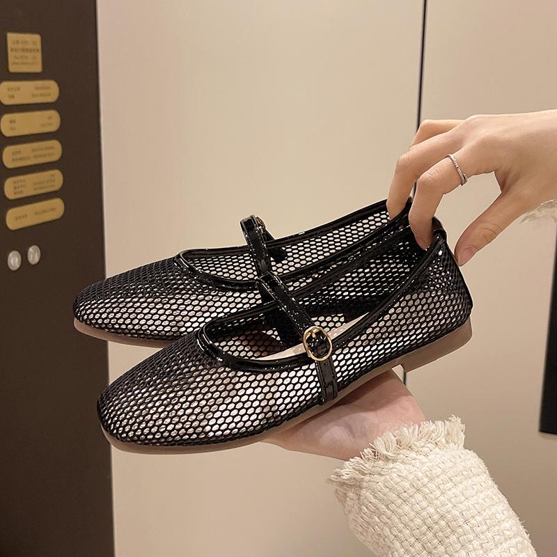 Fashion Mesh Mary Jane Shoes for Women 2024 Spring New Niche Round Toe Shallow Mouth Flat Ballet Shoes  Women Sandals