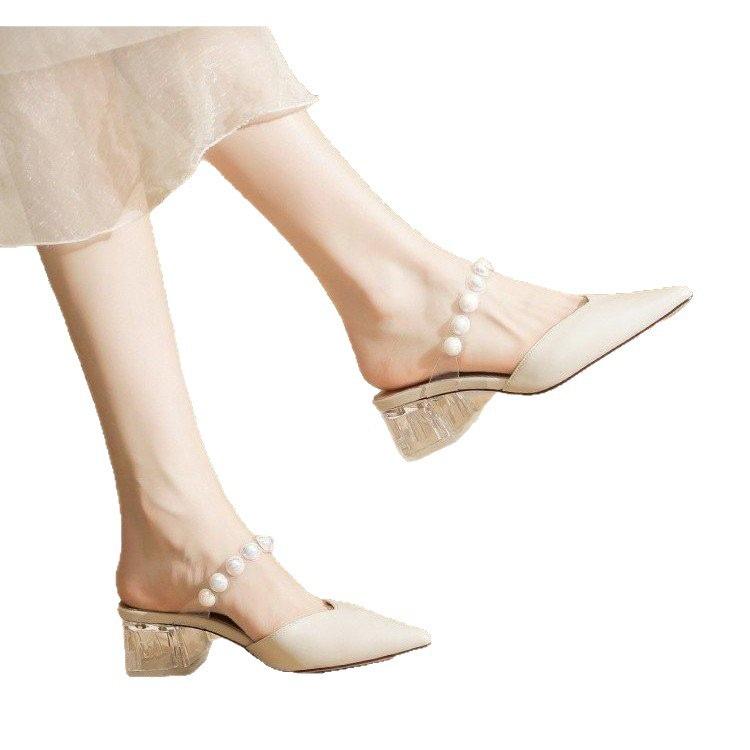 Summer transparent thick heel medium heel slippers year French bag head drag pointed sandals one word belt outside wear single shoes