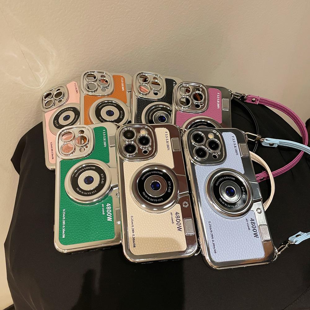 3D Retro Fotoaparát Galvanizované Kožené Pouzdro na Telefon pro iPhone 15 Pro Max/14/13 - Měkký Kryt pro Ženy