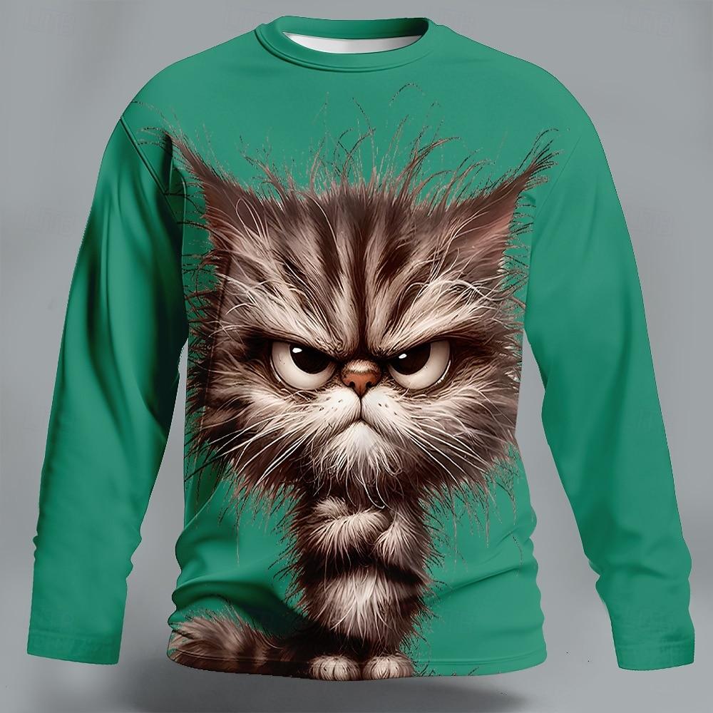 Mens Novelty Messy Hair Cat Graphic Long Sleeve T-Shirt Blue Round Neck Pullover Funny Animal Print Streetwear Clothing Apparel