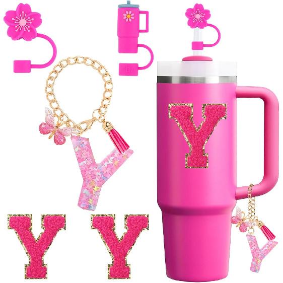 Cup Accessories Set for Stanley Cup 30oz 40oz tumbler with handle, Including Silicone Straw Topper Cover Cap, Handle Charm, Initials Sticker Fuchsia