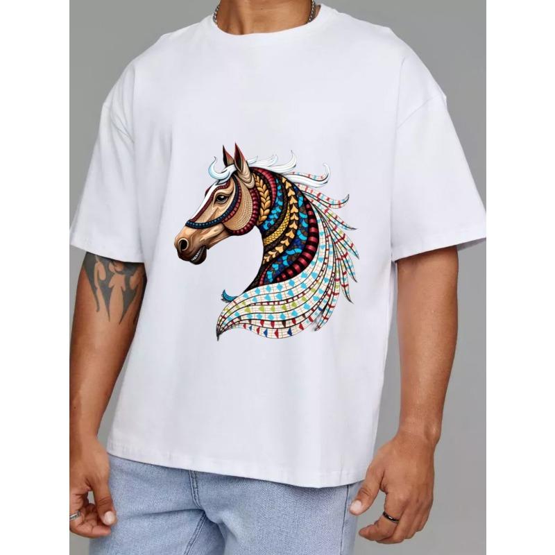 Unisex T-Shirt White Horse Head with Colorful Tribal Pattern Print Casual Wear for Men and Women