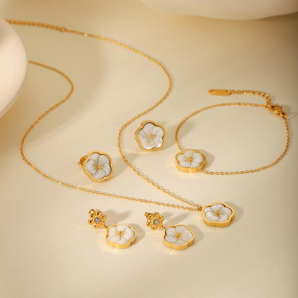 Light Luxury High-end Zircon Flower Earrings with Mother-of-Pearl Petal Pendant, Women's Necklace and Bracelet Set