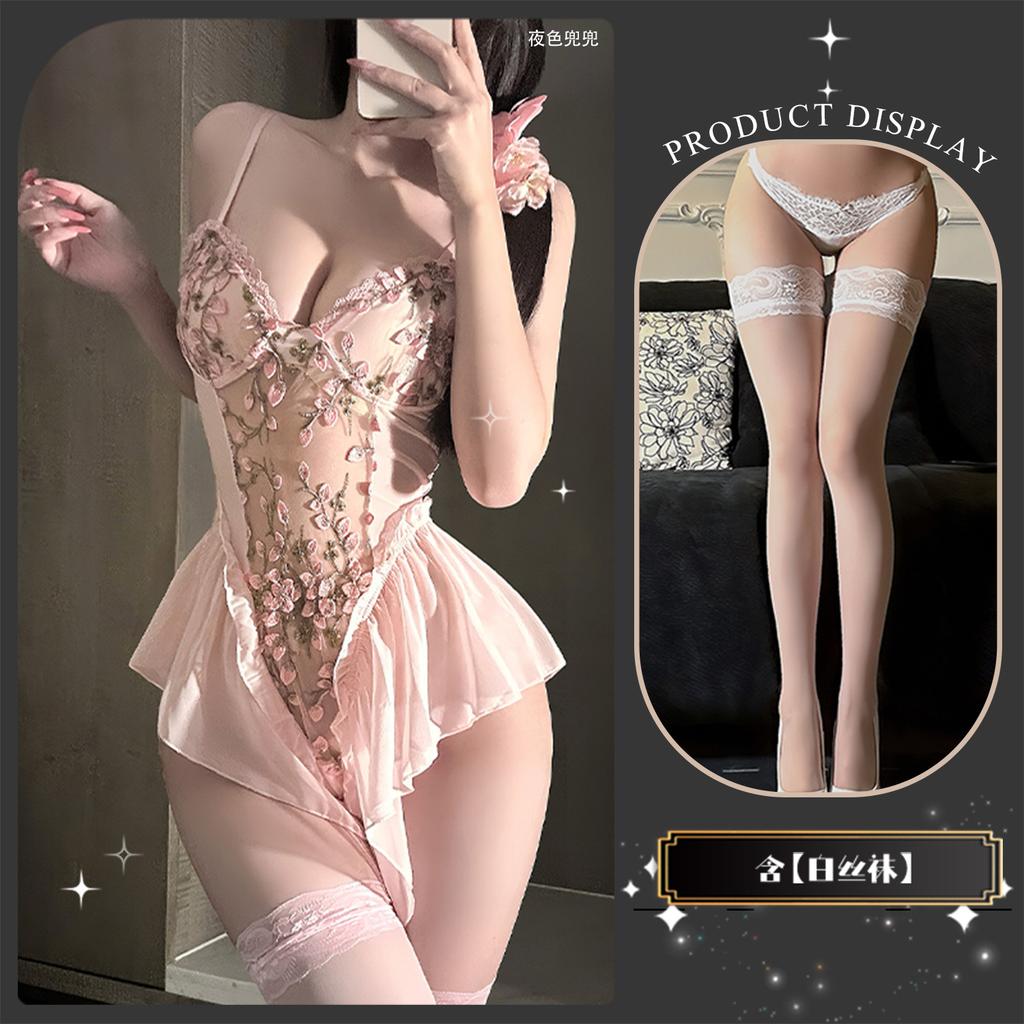 Sexy underwear suspender embroidered tight onesie pure desire tie slim gathering floral mesh strap set
