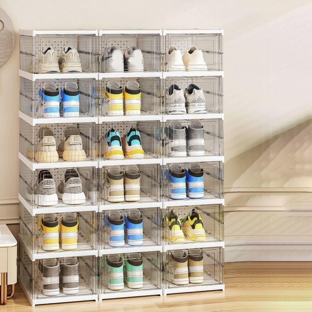 Plastic Multi Layer Shoe Box Transparent Dustproof Collapsible Shoes Storage Box Stackable with Lid Foldable Shoe Box