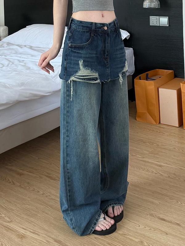 2026 Spring/Summer Women's High Waist Wide Leg Jeans with Faux Two-Piece Design