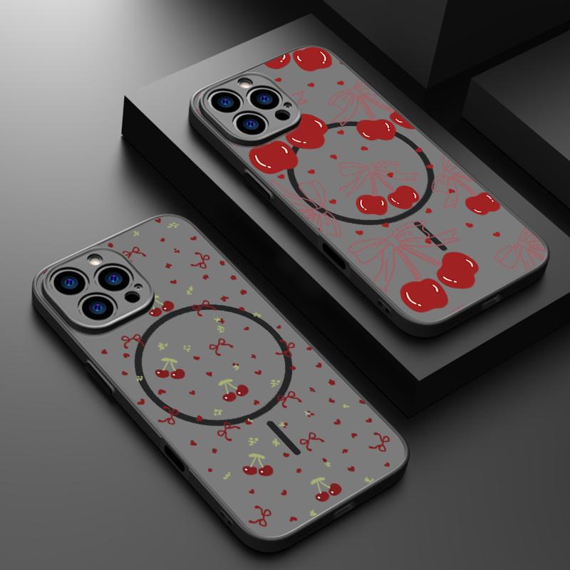 Translucent Matte Phone Case For iPhone 16 15 Pro 14 13 Pro Max 16e For Magsafe Shockproof Red Cherry Printed Hard Back Cover