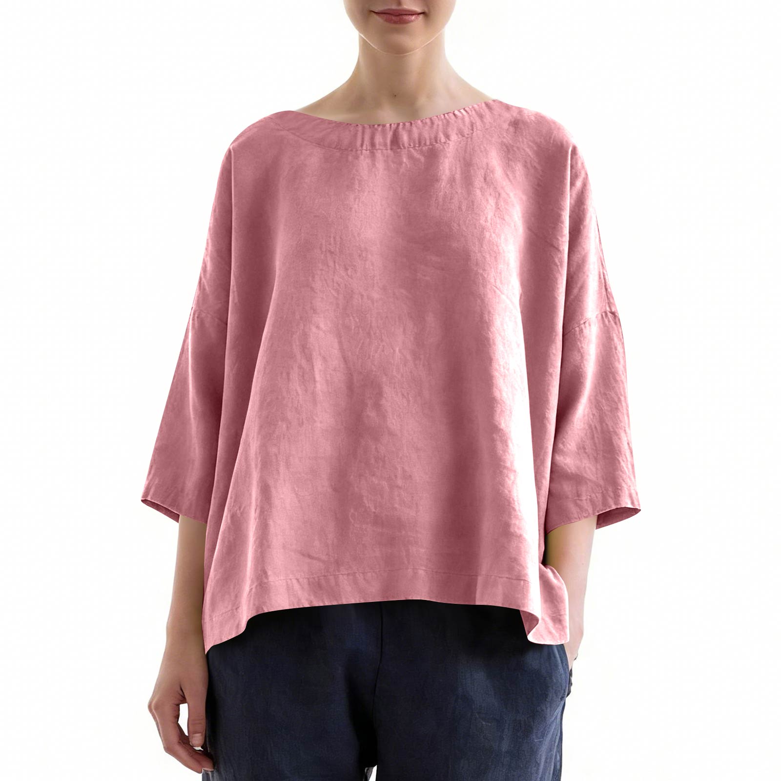 Women s Vintage Inspired Relaxed Fit Cotton Linen Blend Top With Three Quarter Sleeves L