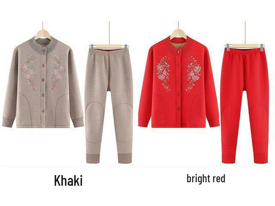Women's Winter Fleece-Lined Cardigan and Sweater Set for Elderly