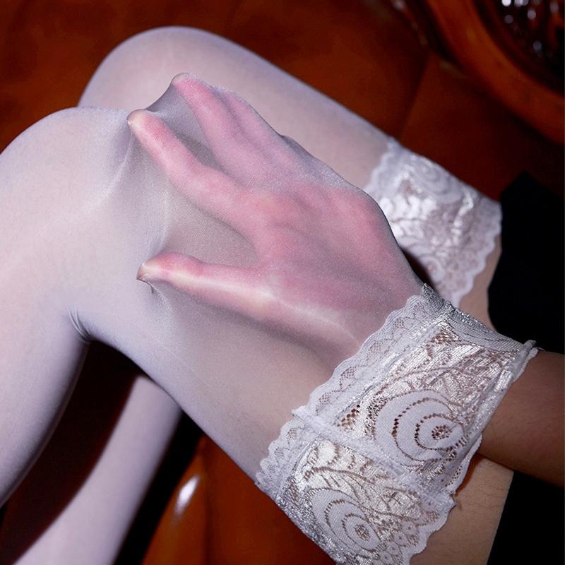 8D Oil Shiny Thigh High Stockings Floral Lace Top Silicone Hold Up Medias Women Sexy Transparent Underwear Party Hosiery