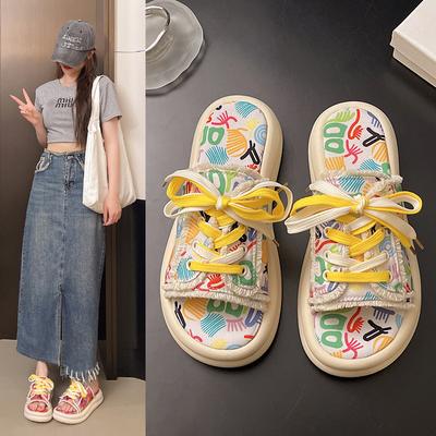 Women's Lace Up Round Toe Sandals - Fashionable Hundred Home Outdoor Color Pattern Casual Summer Slippers (New)