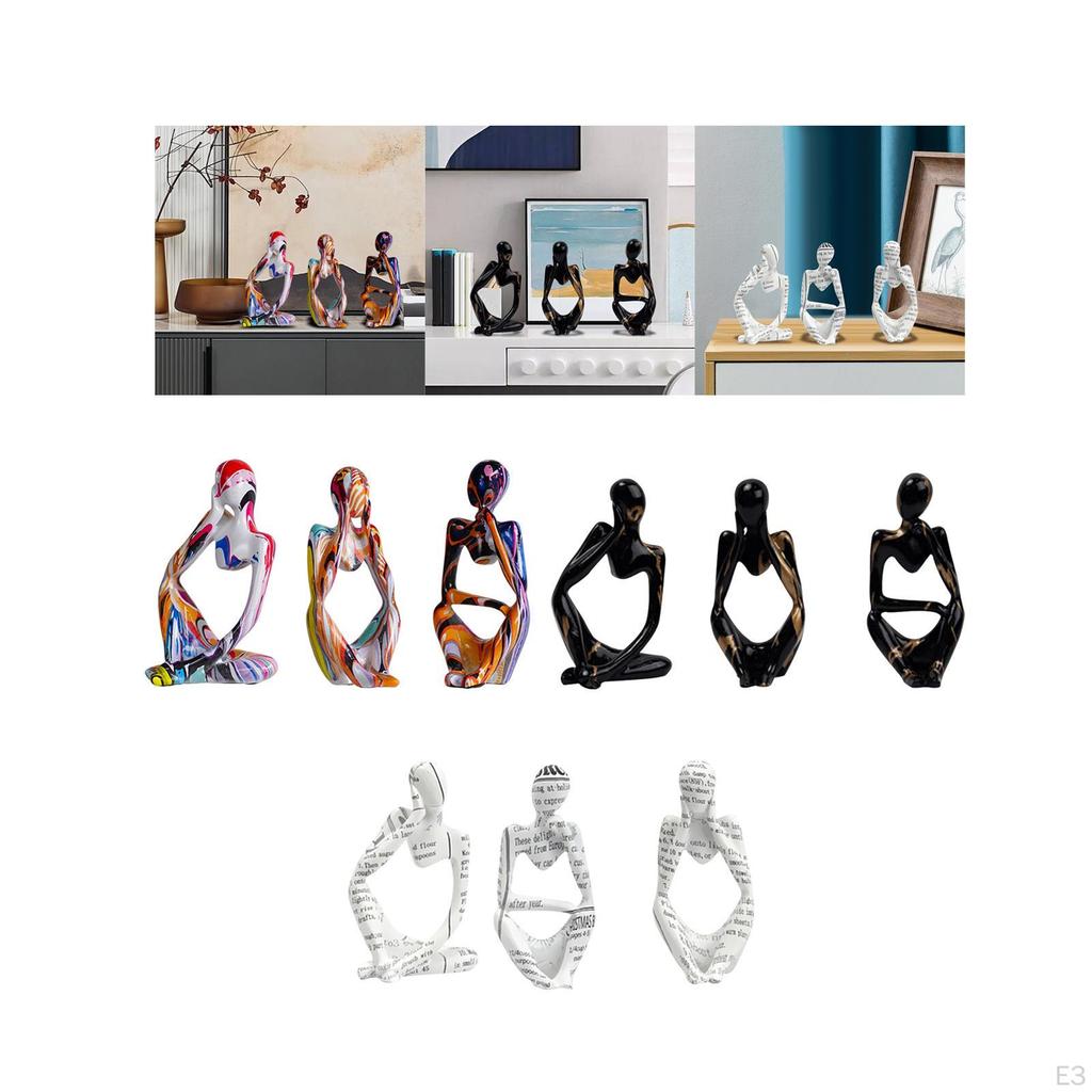3 Piece Sitting Thinker Statue Modern Resin Figurines Abstract Sculpture for Home Office Study