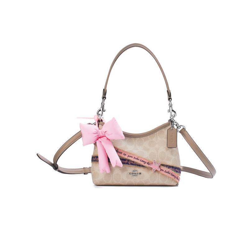 

COACH shoulder bag [Customized bag] Laurel 19 meters apricot silk amber, ribbon red decoration, elegant and high-end, trendy Butterfly срібний