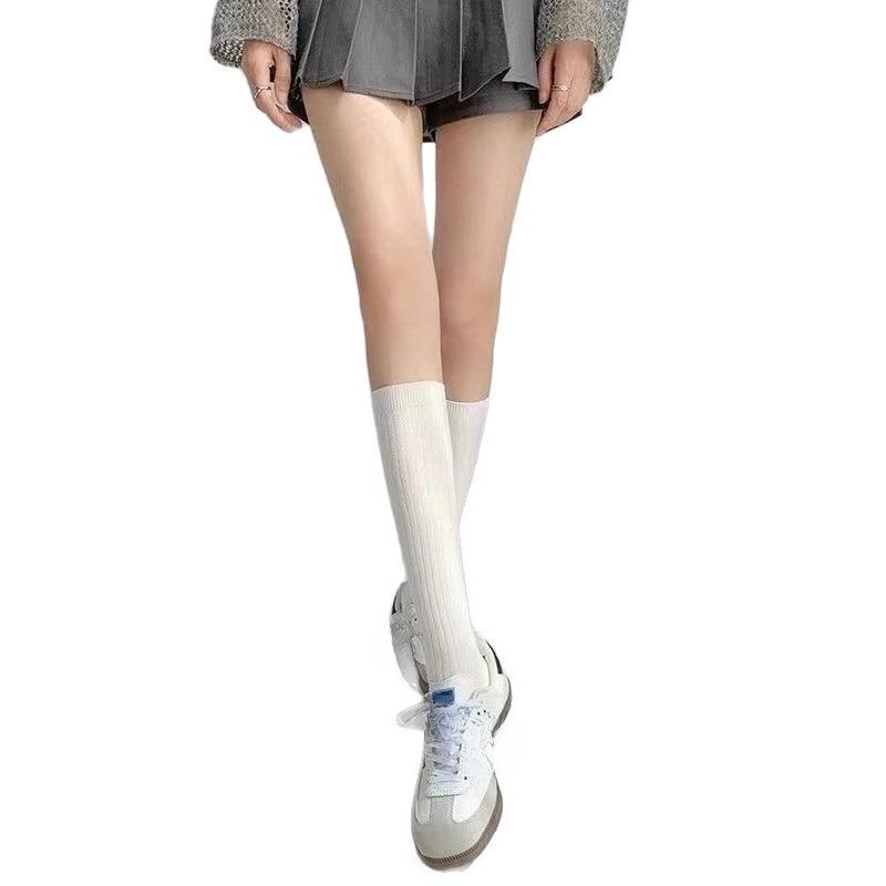 Calf Socks Pile Socks Autumn Thin Vertical Striped Long Tube Women's School Style Casual Sports White Mid-tube Socks