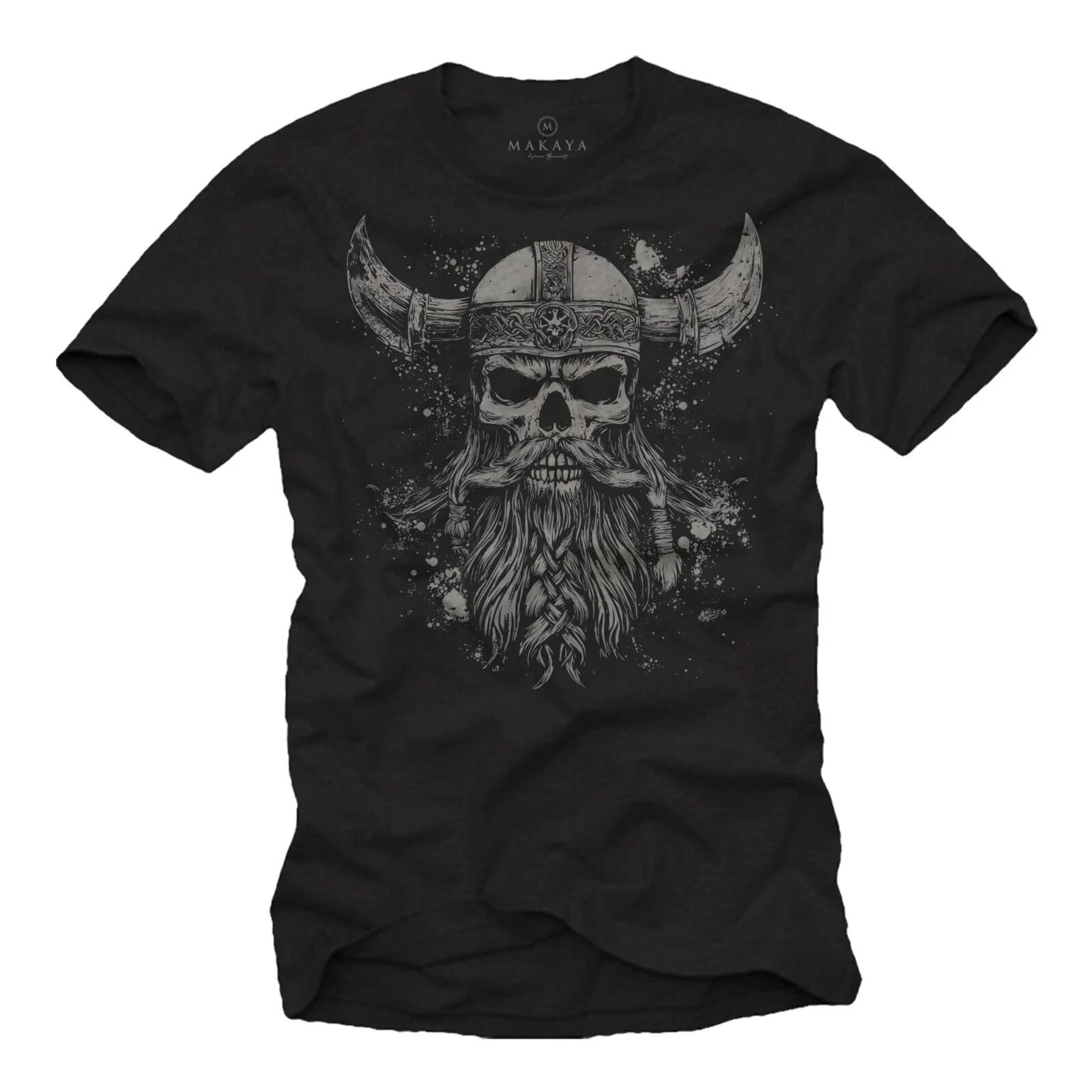 Viking T-Shirt Mens - Skull with Helmet & Beard Nordic Skull Design Viking- S