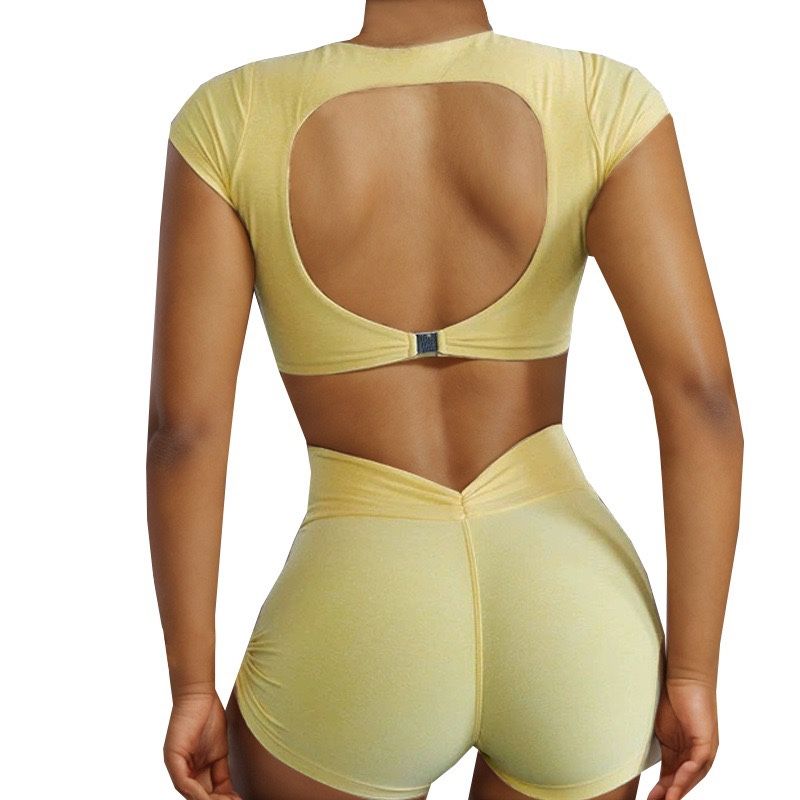 European and American Sexy Bubble Wrap Beauty Back Exercise Bra Open Back Fitness T-shirt Peach Hip Sports Shorts Fitness Suit Women