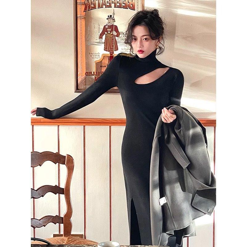 Elegant High-Neck Knit Dress - 2025 Autumn/Winter French Style for Women Small чёрный