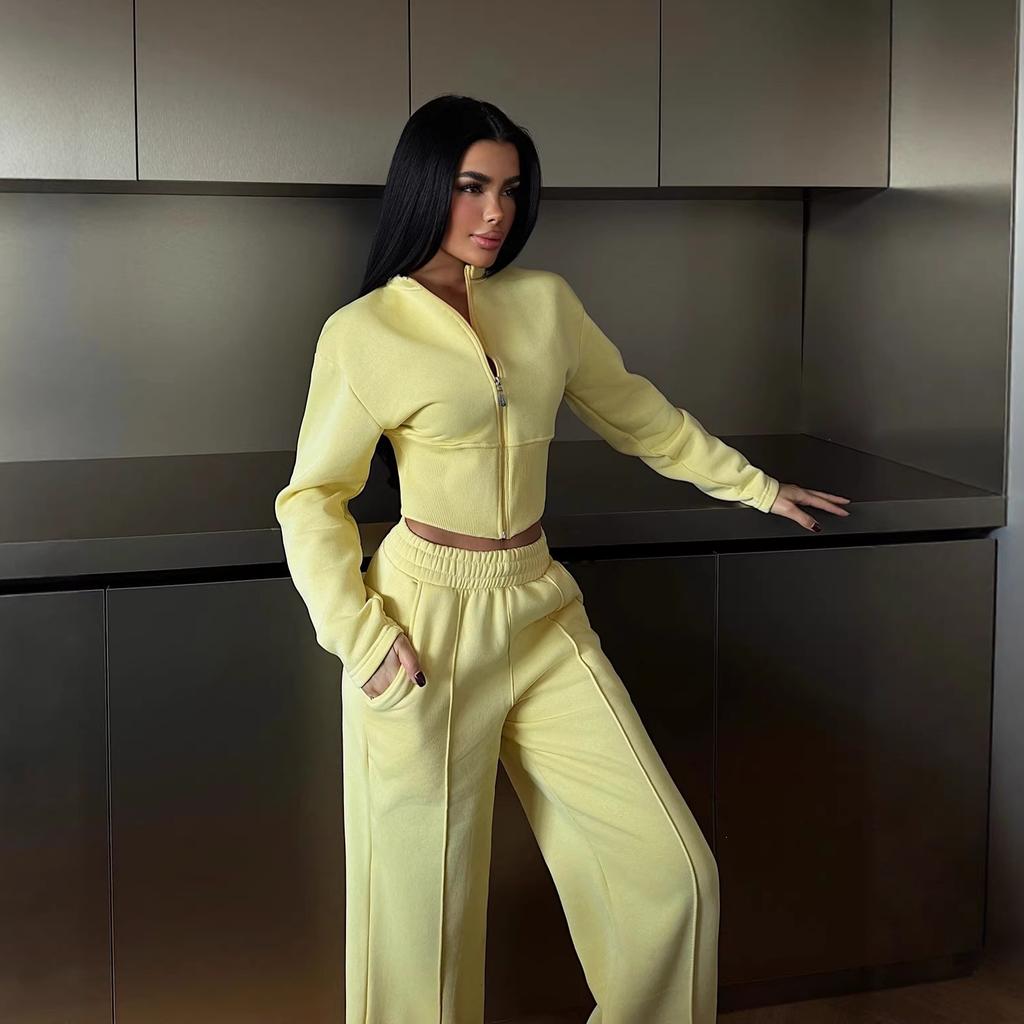 Cross-border European and American casual women's clothing fashion waist sexy zipper cardigan jacket lace-up trousers spring and autumn two-piece set