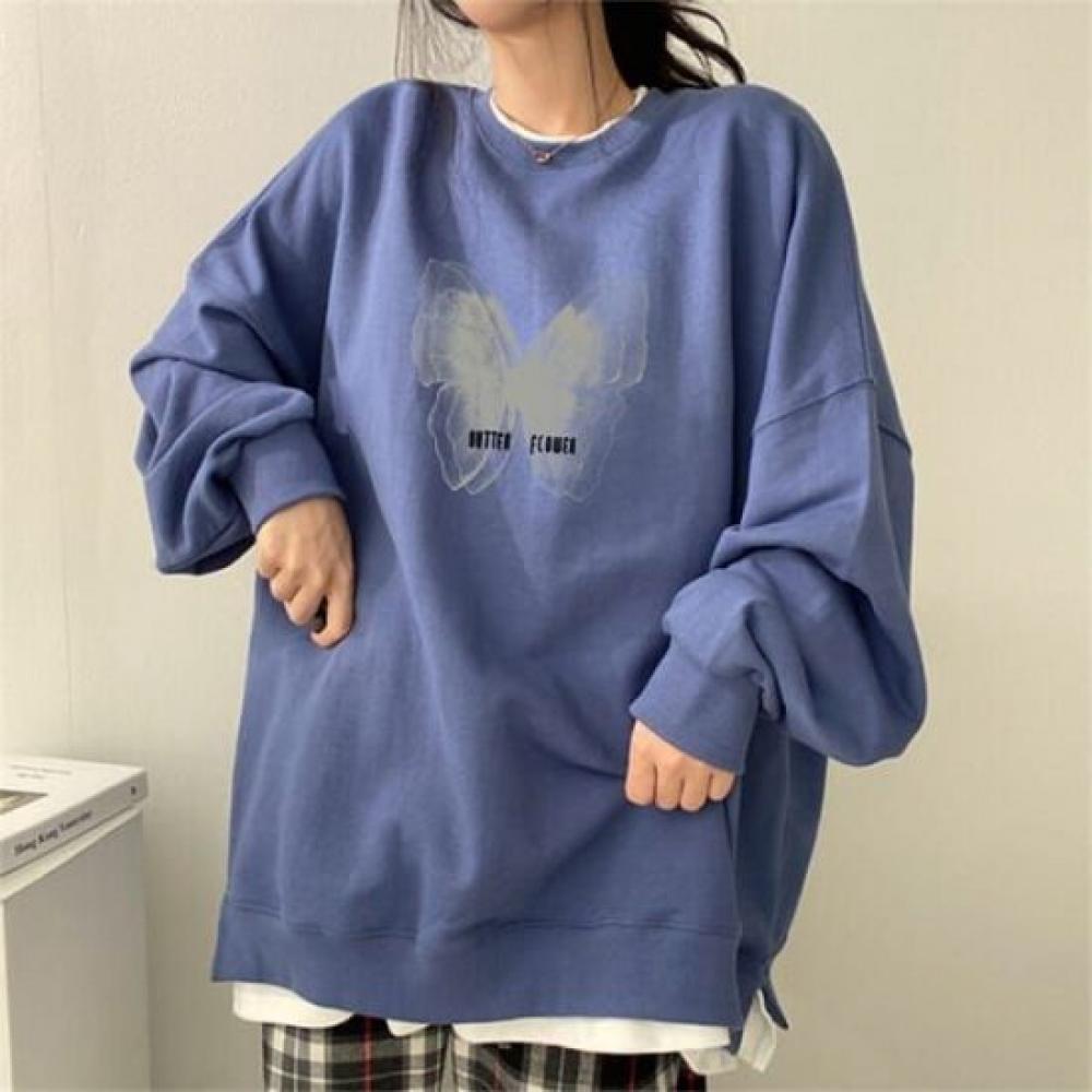 Navava Women Butterfly Print Loose Fit Long Sleeve Sweatshirt Nt2974