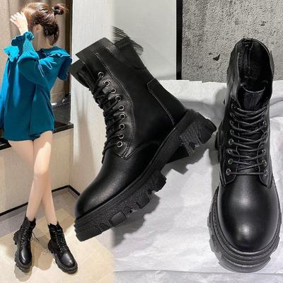 Mode 2024 Herbst Neu Spitze Retro Motorradstiefel Damen Britische Dicke Ferse Plateau Stiefel Damenschuhe PU Runde Zehe Stiefeletten Winter