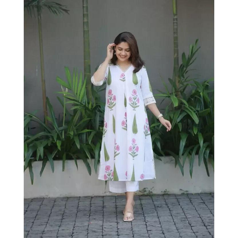 Indian Designer Cotton Rayon Kurta Pant Set Women Party Wear Top Tunic Kurti VF-20160a