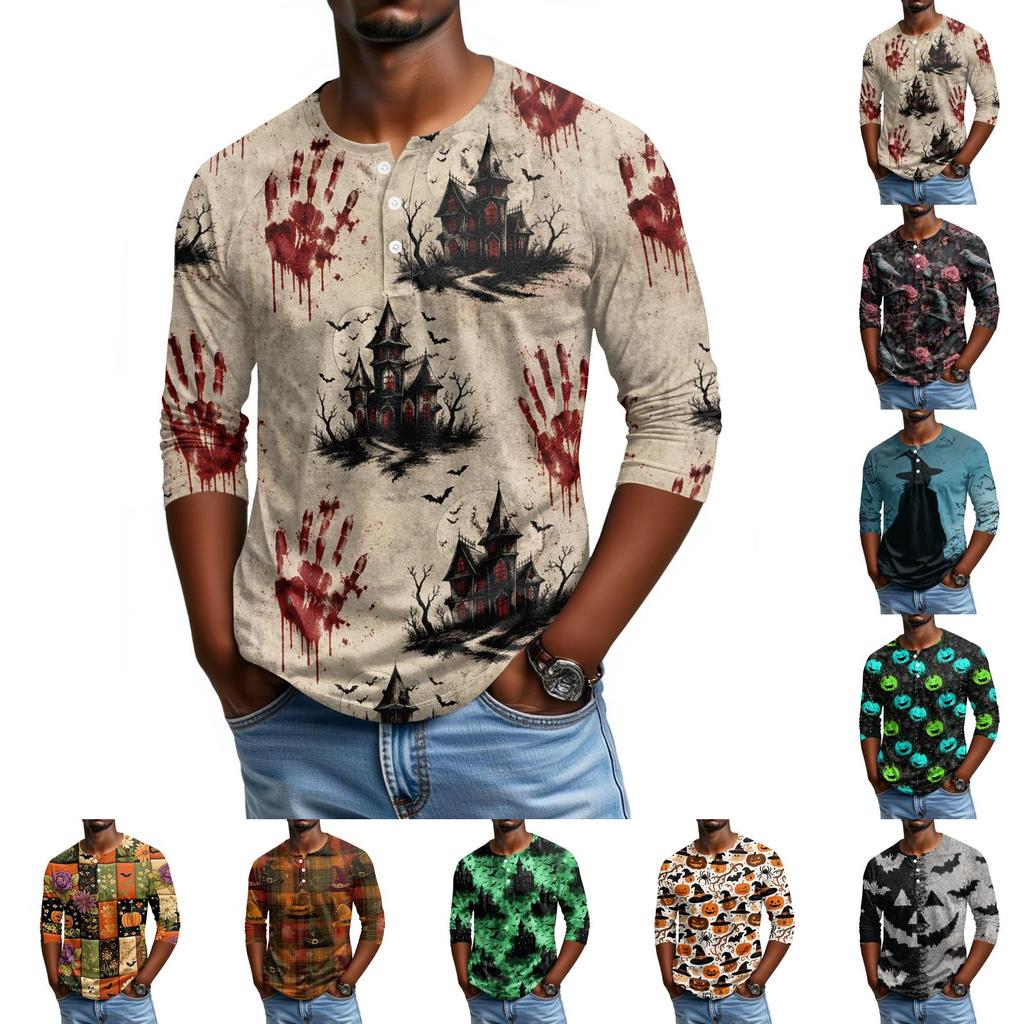 Men Casual Halloween Print Henley Shirt Raglan Sleeve Three Quarter Length Button Front Top for Fall Seasonal Wear