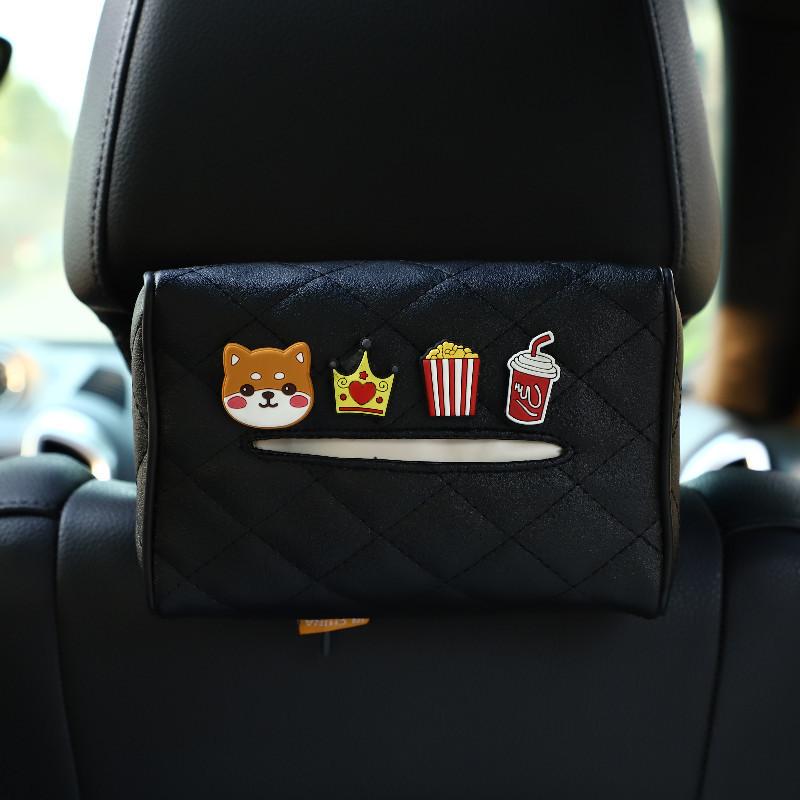 Leather Car Tissue Box Cartoon Cute Car Seat Back Hanging Drawout Box Multifunctional Armrest Box