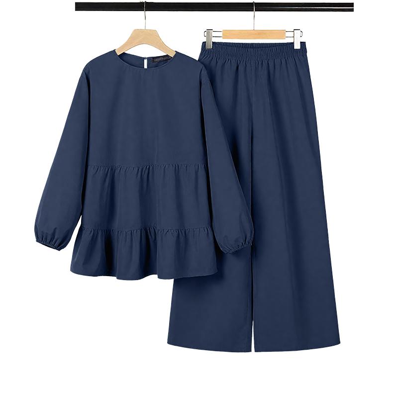 

ZANZEA Женские комплекты Блузка с длинным рукавом и брюки Повседневные костюмы-двойки 4XL темно-синий