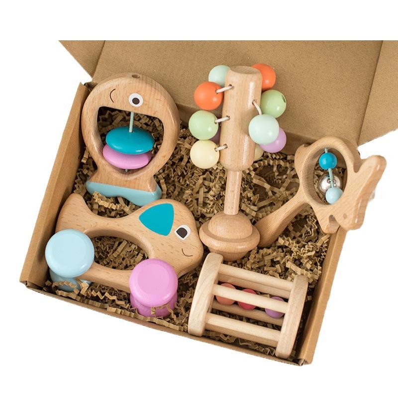 Wooden Baby Colored Hand Rattle Five-Piece Set Children'S Bed Bells Music Early Education Soothing Musical Instrument Toys