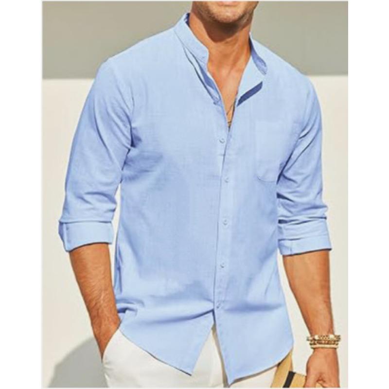 Men Stand Collar Solid Long Sleeve Shirt, Cotton Linen-like Breathable Casual Shirt Cross-border Men Top