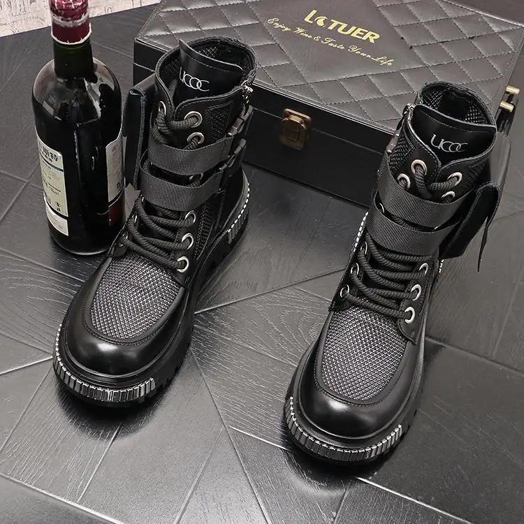 

New Men s Thin High-Top New Mid-Calf Motorcycle Height Increasing Insole Summer Ankle Boots Hollow out 44