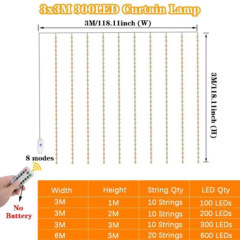 LED Garland Curtain Lights 8 Modes USB Remote Control Fairy Lights String Wedding Christmas Decor for Home Bedroom New Year Lamp