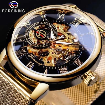 Camiseta nueva para hombre, reloj mecánico automático, carcasa transparente con esqueleto de lujo, esfera dorada y negra, 2022