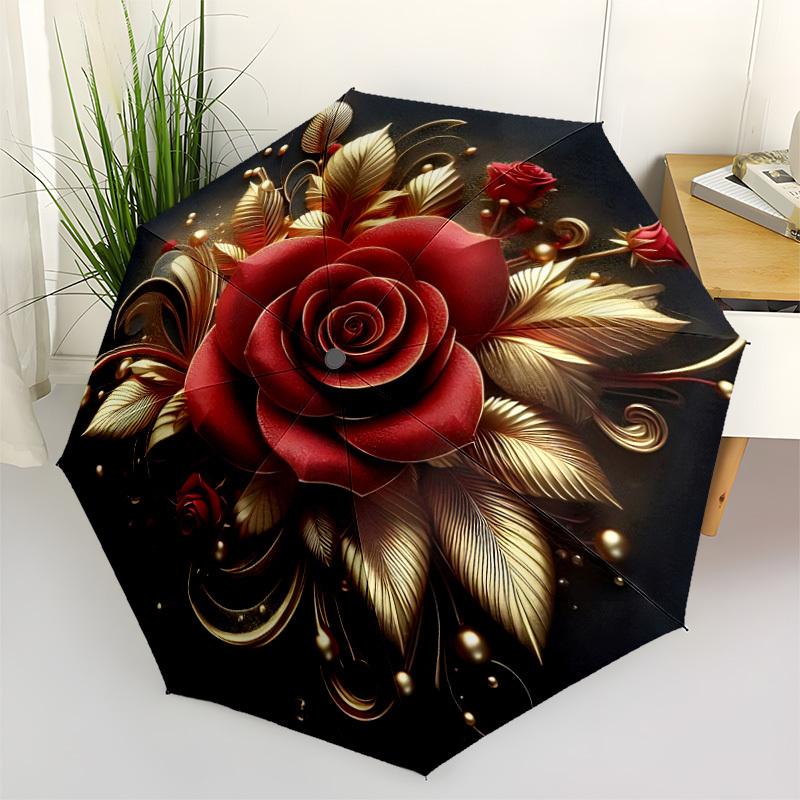 1pc Red Rose Gold Leaf Folding Umbrella, Durable, Suitable for Outdoor Activities or Rain, Suitable for Commuting Yy251027115