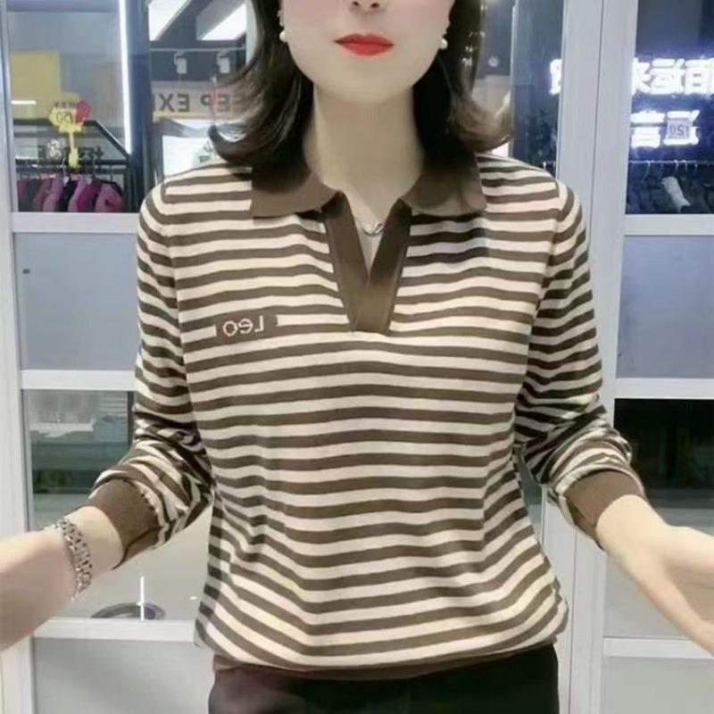 

Новая полосатая футболка с длинным рукавом для женщин, модные топы с лацканами, приталенная и омолаживающая базовая рубашка на весну и осень 4XL кофейный