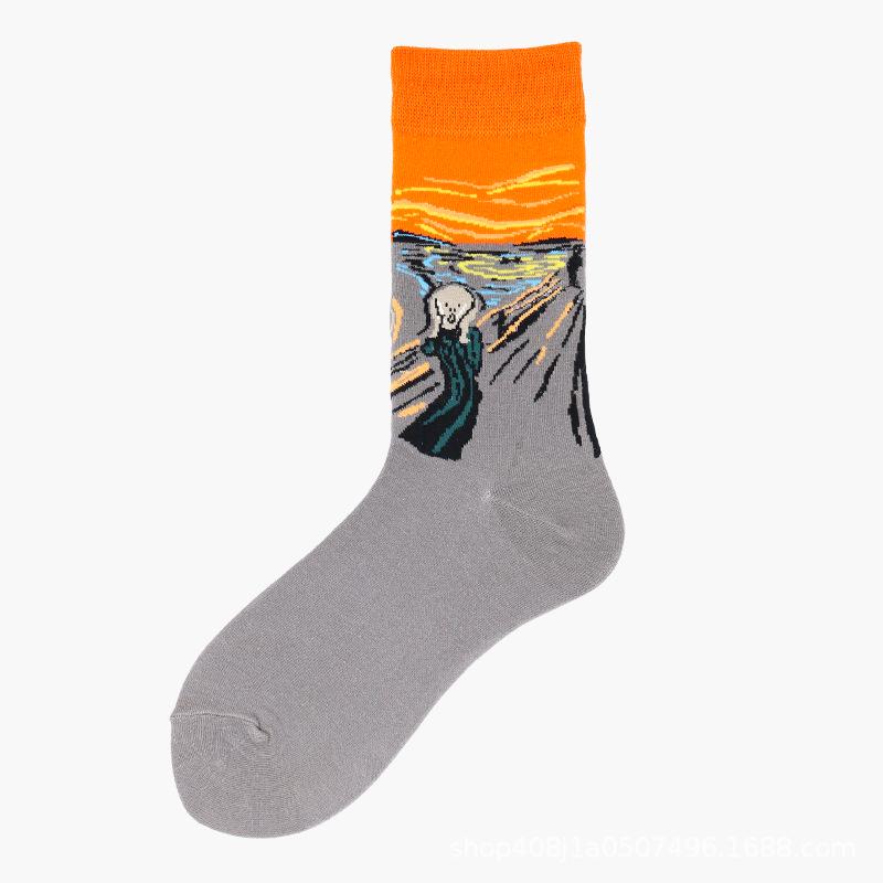 European & American Creative Oil Painting Mid-Calf Socks: Trendy Autumn/Winter High-Tube Cotton Socks