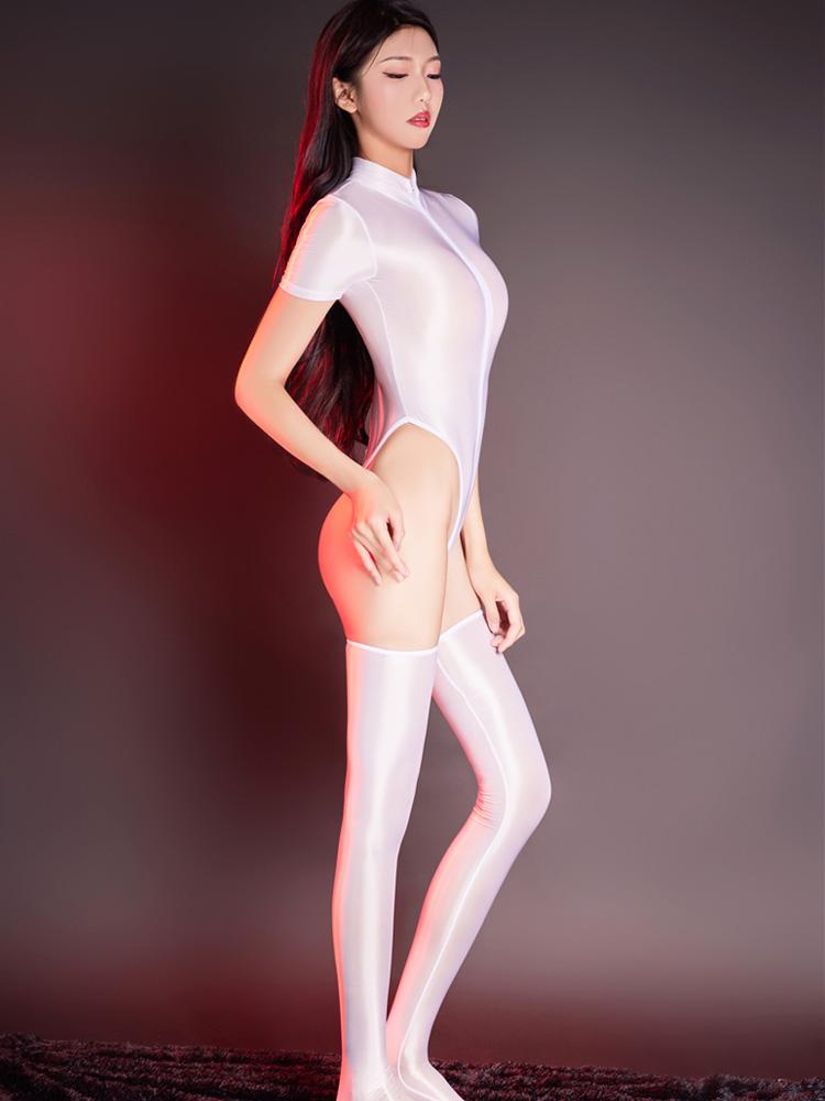 Sexy High Cut Bodysuit Sheer See Through Oil Glossy Shiny Elastic Tights Thong Stain Smooth Yoga Shaping Leotard With Stockings